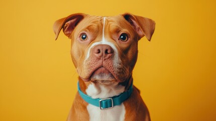 Close-Up Portrait of a Pit Bull Terrier with Expressive Eyes, close-up portrait, pit bull terrier, brown and white fur, expressive eyes, blue collar.