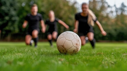 Obraz premium A close-up of a soccer ball on a green field, with players in black uniforms running towards it in the background, creating a dynamic and competitive atmosphere