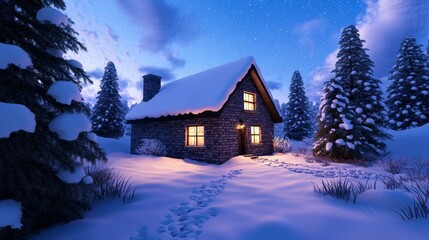 Naklejka premium Cozy Winter Cabin in Snowy Forest - A charming cabin surrounded by snow-covered trees, illuminated windows, and a serene winter atmosphere under a starry sky.
