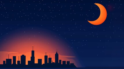 Fototapeta premium A serene city skyline at dusk, featuring a glowing crescent moon and twinkling stars against a deep blue night sky.