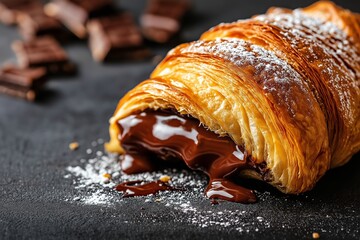 A delicious croissant filled with melted chocolate, perfect for savoring during your day. Pair it with quinoa salad with vegetables served in bowl for savory breakfasts.