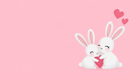 Obraz premium Cute Bunnies Cuddling on Pink Background for Valentines Day - Two adorable cartoon bunnies cuddling with a heart, surrounded by pink hearts, symbolizing love, affection, companionship, togetherness