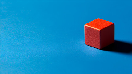 Red Cube on Blue: A single, vibrant red cube stands out against a stark blue background, casting a subtle shadow.  A minimalist composition.