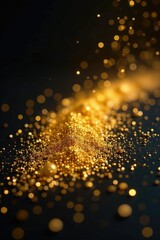 Glittering gold dust settles on a dark, shiny surface, opulence, shine, sparkles