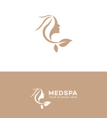 MedSpa Logo Design Elegant Woman, Leaves, Beauty, Wellness
