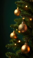 Glittering golden ornaments adorn the tree's branches, festive, golden