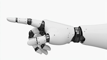 A robotic hand points forward, showcasing advanced technology and design in robotics.
