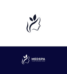 Elegant logo design featuring a womans profile with leaf accents. Minimalist line art concept for a medspa, beauty salon, skincare, or wellness brand.
