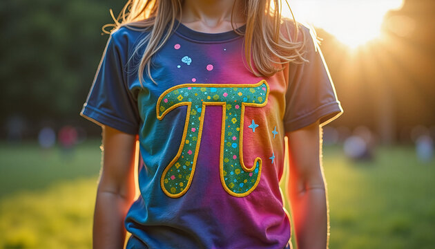 Woman wearing colorful Pi symbol T-shirt in sunset park