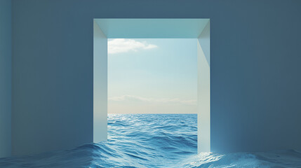 Fototapeta premium Ocean View Portal: A minimalist architectural rendering showcases a rectangular opening in a wall, revealing a breathtaking vista of a vast ocean under a serene sky.