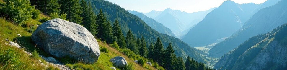 Obraz premium Mountainous slope with a large stone at its base, landform, forest
