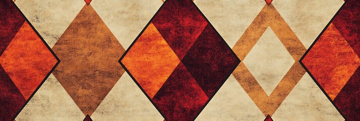 Bold ethnic-inspired diamond shapes with a rich color palette of red orange and beige