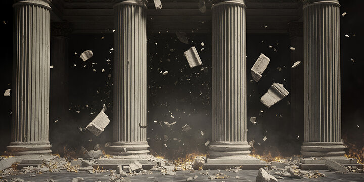 Crumbling Pillars of Power:  Ancient stone pillars of a grand structure crumble and disintegrate, fragments falling dramatically to the ground, evoking a sense of lost power and inevitable decay.