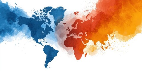 Fototapeta premium A colorful world map illustration with splashes of blue, orange, and other hues, representing global diversity and interconnectedness.