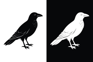 Black and White Crow Bird Vector Icon.