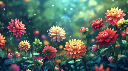 Colorful Dahlia blooms with rain drops