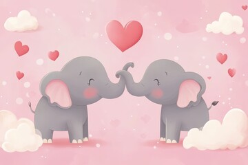Cute Elephants in Love on Pink Background - Two adorable cartoon elephants are sharing a sweet moment on a soft pink background adorned with hearts and clouds.