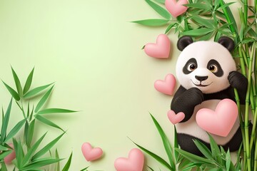 Naklejka premium Cute Panda Surrounded by Bamboo and Hearts - A charming cartoon panda holding pink hearts, surrounded by green bamboo on a soft green background. Perfect for love and nature themes.