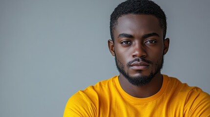 Obraz premium A serious young man in a yellow shirt poses against a neutral background.