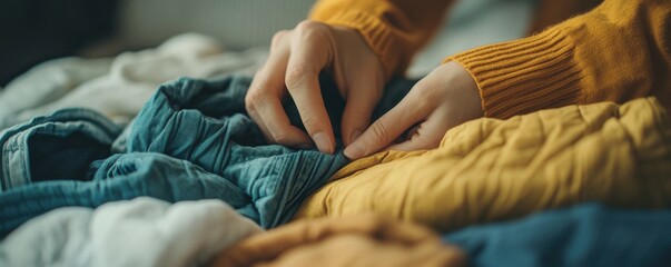 Hands folding colorful clothes neatly on a bed in warm lighting