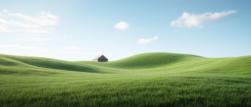 Tranquil farm landscape with rolling hills under blue sky
