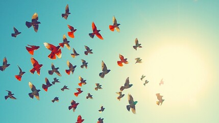 Birds flying in a flock against a light blue sky.  Possible use Stock photo for nature, freedom, or hope