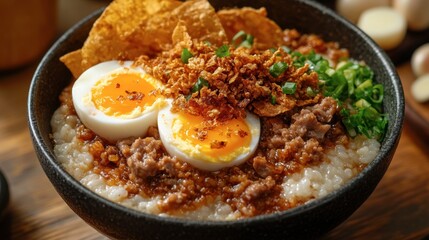 Fototapeta premium Delicious Savory Bowl of Rice with Egg and Crispy Toppings