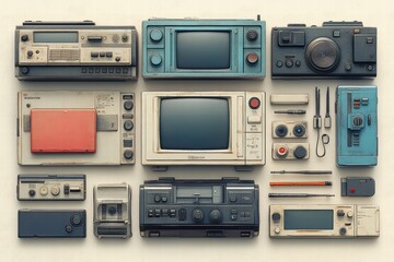 Obraz premium Vintage style s line icons featuring retro technology and gadgets arranged aesthetically