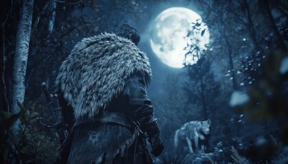 Warrior contemplates a full moon in a dark forest