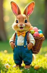 A bunny in a cinematic style in a shirt with a bow tie and a blue overalls stands in full growth against a blurred background of a forest. Postcard, banner, illustration for an article, book.