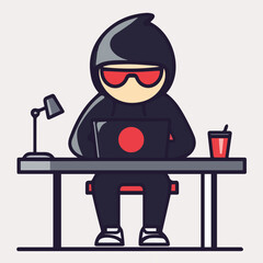 Illustration of Hacker man sitting on table phishing system