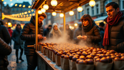 Traditional roasted chestnuts at a street market under warm golden lights