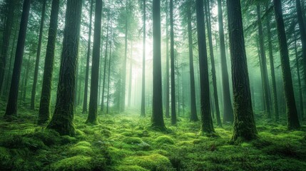 Fototapeta premium Lush Misty Forest with Tall Trees and Green Underbrush in Fog