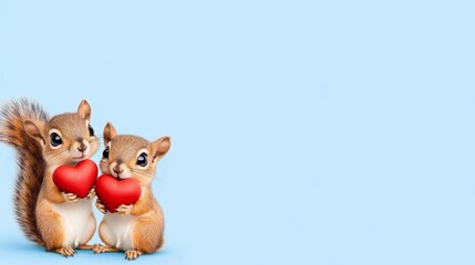 Fototapeta premium Cute Squirrels Holding Heart Shaped Red Icons - Two adorable squirrels are holding heart-shaped red icons against a soft blue background symbolizing love friendship joy togetherness affection.