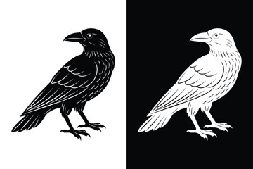 Dark and Elegant Crow Bird Icon Black and White Vector.