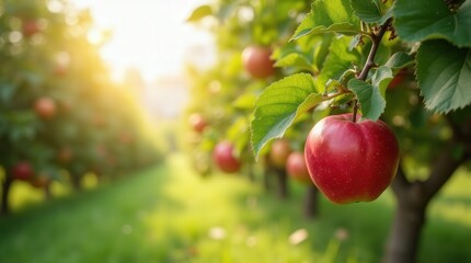 Bright Red Apples Hanging on Tree Branches in a Sunny Orchard During Autumn