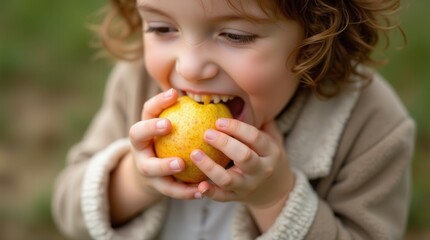 Child Enjoying a Yellow Apple in a Grassy Outdoor Setting During Daytime