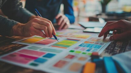 Obraz premium Two individuals collaborating on a color scheme design at a workspace with color swatches and tools