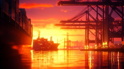 Fototapeta premium Colorful sunset over cargo ship and port cranes, pixel art style.