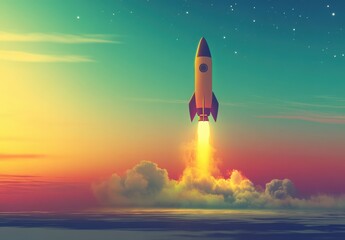 Obraz premium Pixelated Rocket Launch at Sunrise