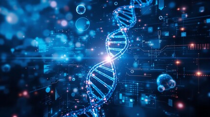 Futuristic Glowing DNA Strand with Molecular Structures & Digital Tech Elements, Biotechnology & Genetics Concept