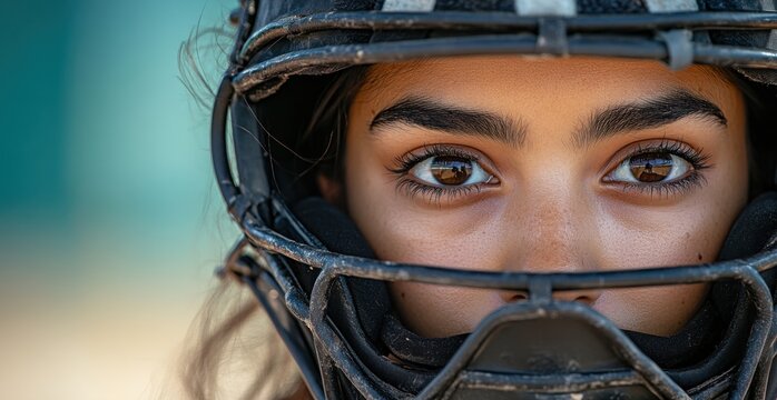 Close-up portrait of a female baseball player focusing through her sports helmet - Powered by Adobe