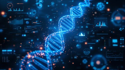 Futuristic Glowing DNA Strand with Molecular Structures & Digital Tech Elements, Biotechnology & Genetics Concept