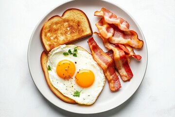 A delicious plate featuring savory breakfasts, showcasing salad with poached egg and avocado on toast alongside crispy bacon and sunny-side-up eggs.