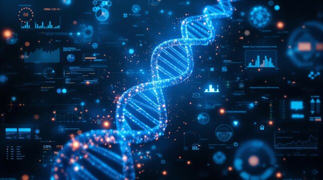 Futuristic Glowing DNA Strand with Molecular Structures & Digital Tech Elements, Biotechnology & Genetics Concept