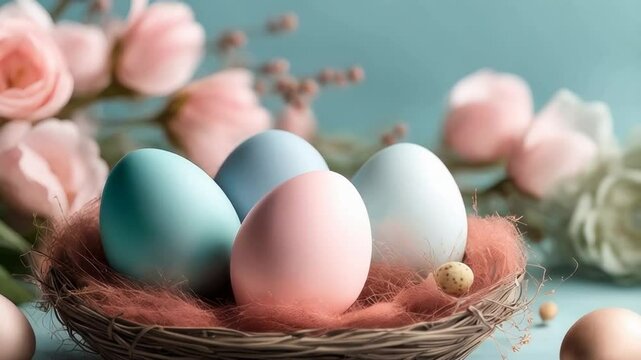 Delicate easter eggs in nest with spring blossoms on pastel background