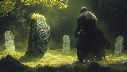 Armored viking stands in a graveyard with ancient stone markers