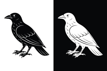 Dark and Elegant Crow Bird Icon Black and White Vector.