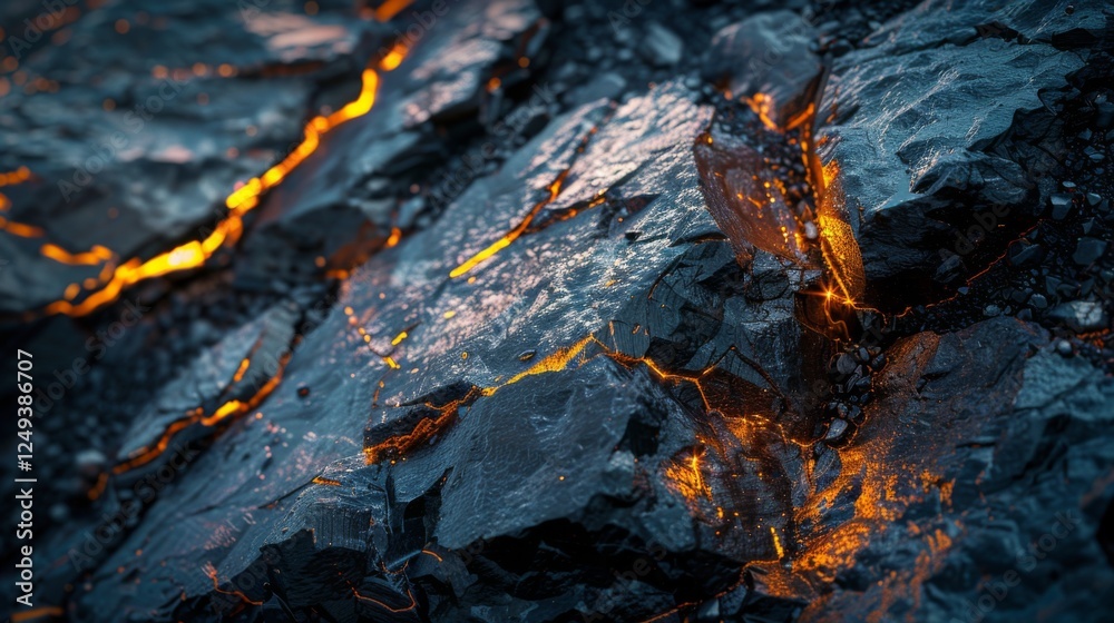Poster molten lava cools and solidifies on a rocky terrain, revealing striking glowing cracks that illumina