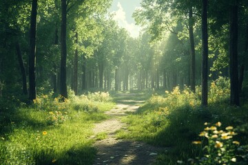 Fototapeta premium Serene forest pathway with tall trees, dense foliage, and pink and white blossoms, leading into the distance under a partly cloudy sky